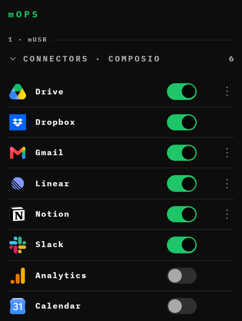 mosADD app: the mOPS screen with connectors switched on for an agent